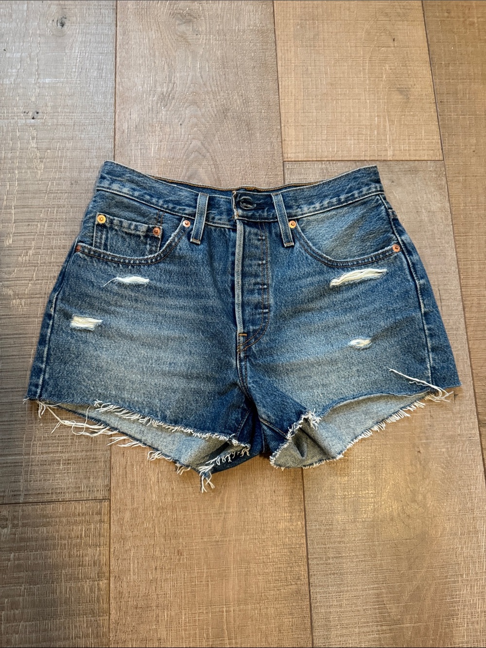 Levi's Premium 💯 cotton Distressed Dark Blue Denim Cutoff Shorts Size 27